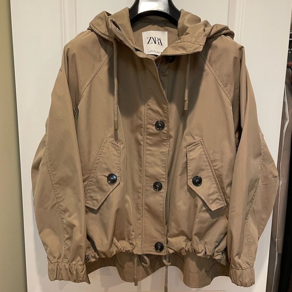 Zara Tan Short Swing Parka High Neck Adjustable Drawstring Hooded Coat